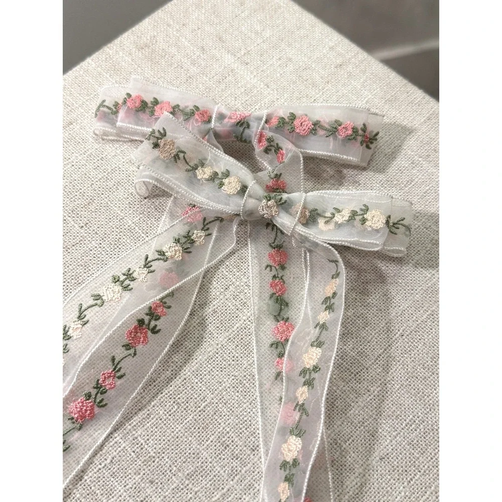 organza set hair bows long floral feminine cottagecore cute lolita cream pink